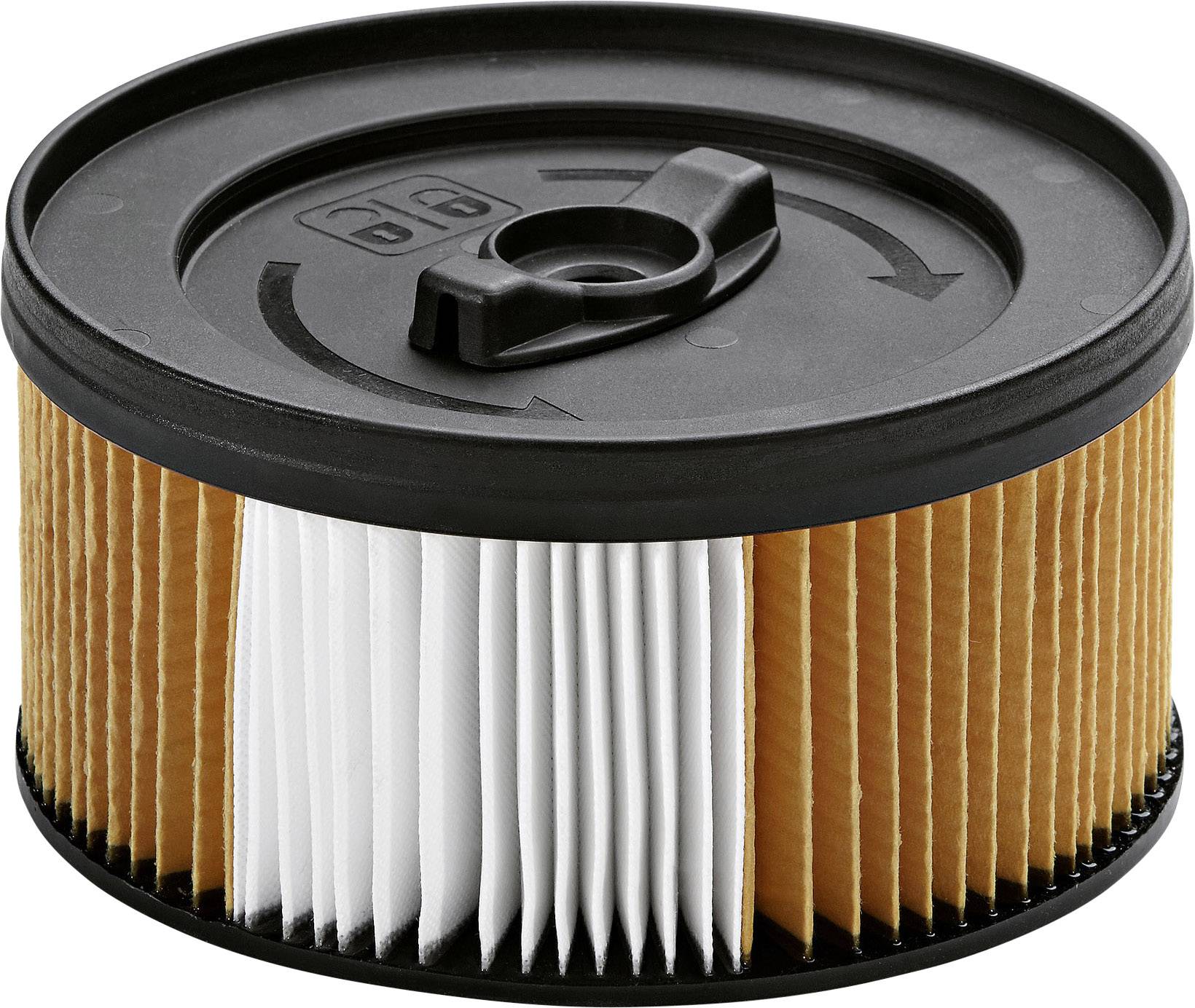 Filtro tondo con carta pieghettata arancione e coperchio nero in plastica, adatto per aspirapolvere o dispositivi domestici simili.