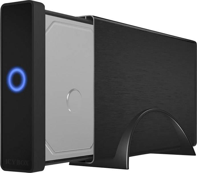 Custodia esterna nera per hard disk con anello blu illuminato anteriormente, vano aperto mostra un hard disk inserito.