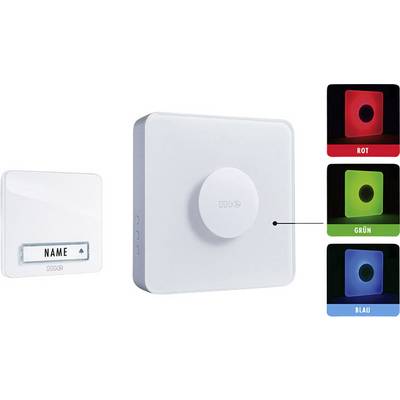 Targa illuminata con suoneria e colori selezionabili: Rosso, Verde, Blu. Mostra un nome con un design minimale e moderno.