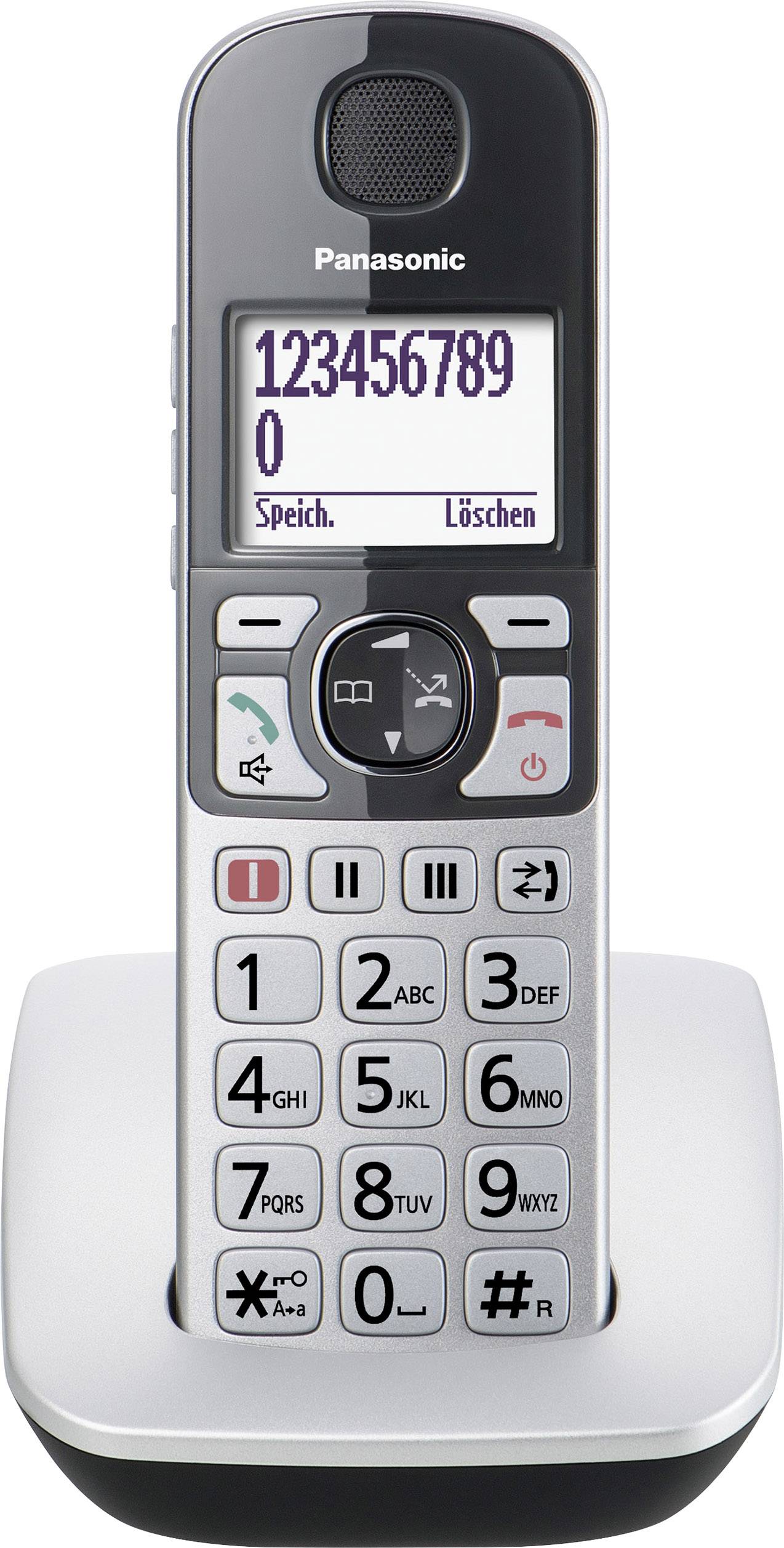 Telefono cordless con tastiera, segreteria telefonica e display che mostra una sequenza numerica. Logo del marchio nella parte superiore dell'apparecchio.