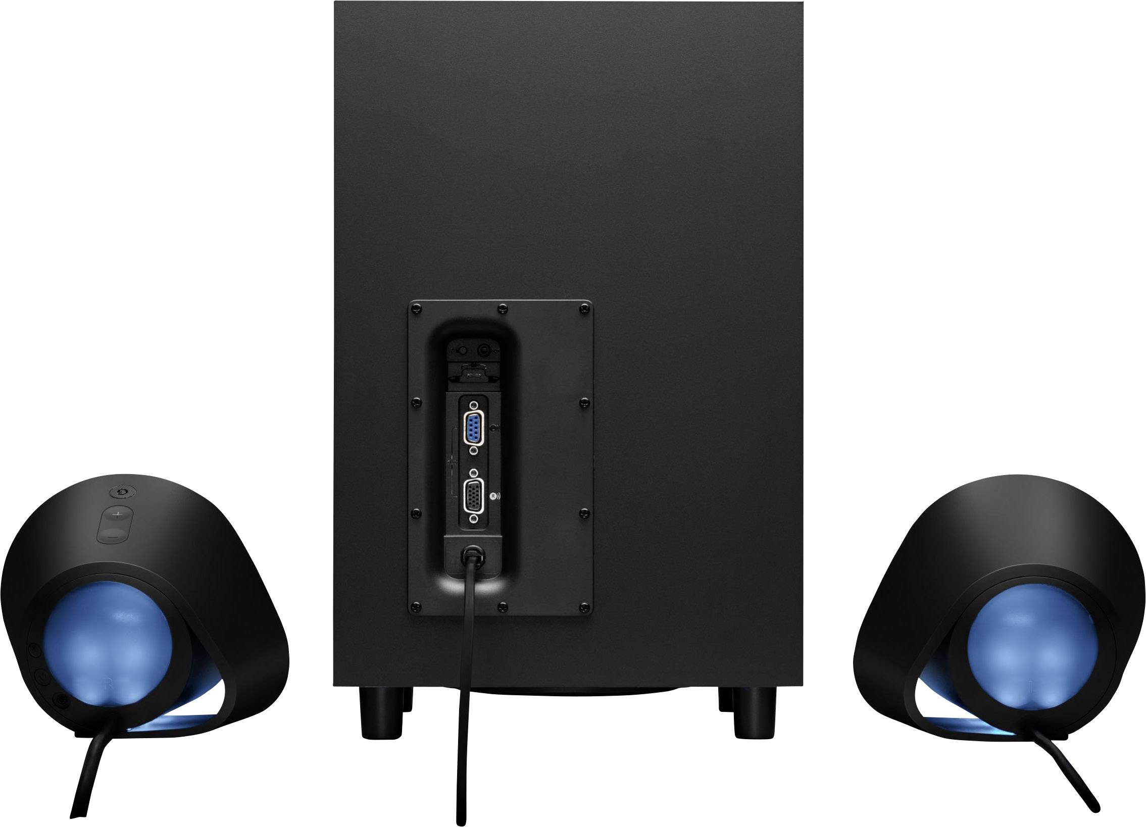 Due altoparlanti neri con illuminazione blu, collegati a un subwoofer tramite cavi. Vista posteriore del subwoofer con le porte di connessione.
