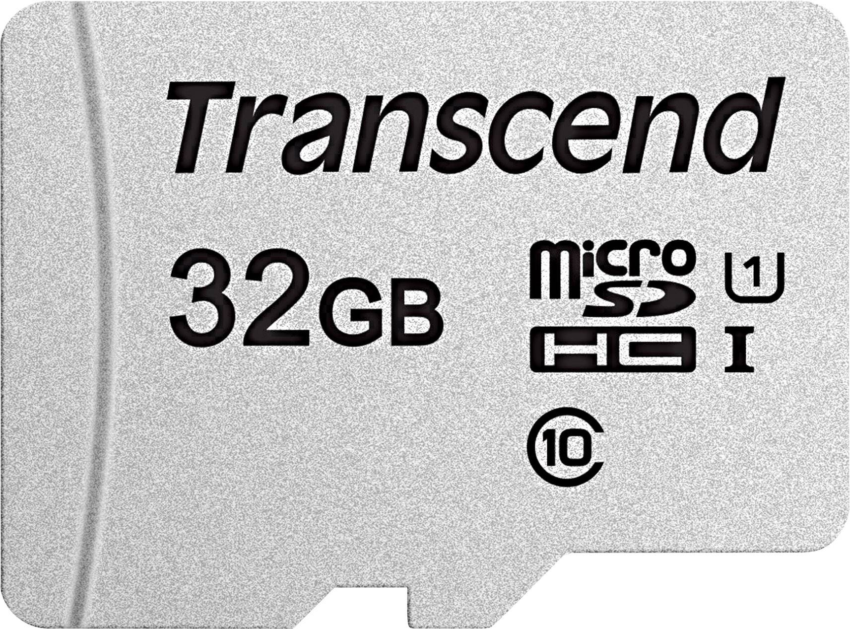 Una scheda microSD Transcend d'argento con capacità di memoria da 32 GB, compatibile UHS-I U1 e Classe 10.