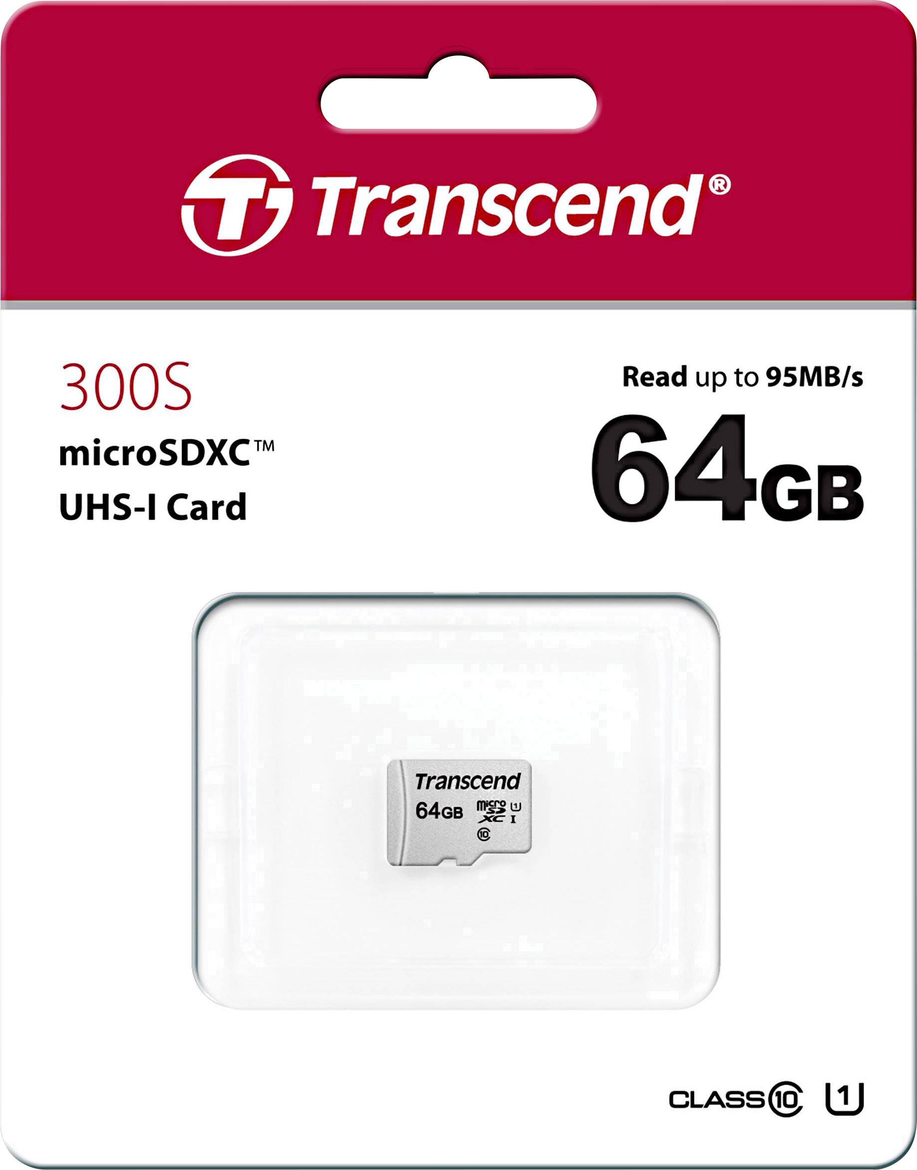 Confezione di una scheda Transcend 300S microSDXC UHS-I, 64GB, con velocità dichiarata fino a 95MB/s, in design bianco e rosso.