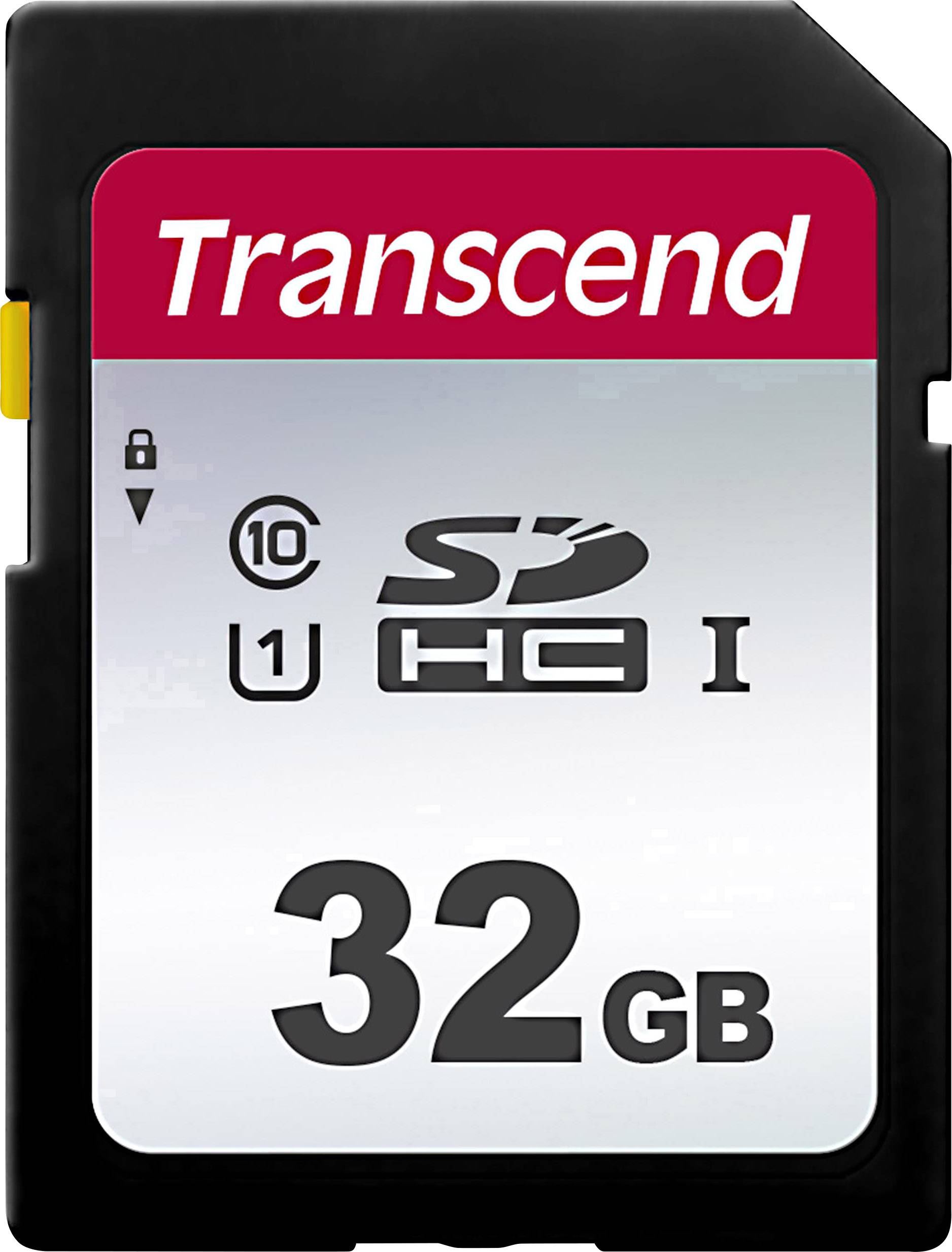 Scheda di memoria da 32 GB, marca 'Transcend'. Contiene simboli di velocità e compatibilità.