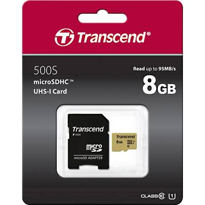 Scheda microSDHC Transcend da 8GB in confezione, con adattatore. Adatta a dispositivi compatibili UHS-I, velocità di lettura fino a 95MB/s.