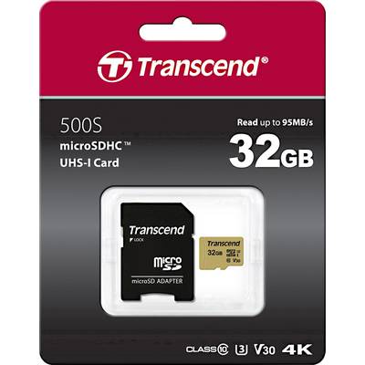 Transcend Scheda microSDHC da 32GB, serie 500S, Classe 10, UHS-I, velocità di lettura 95MB/s, V30, adatta per riprese video 4K.