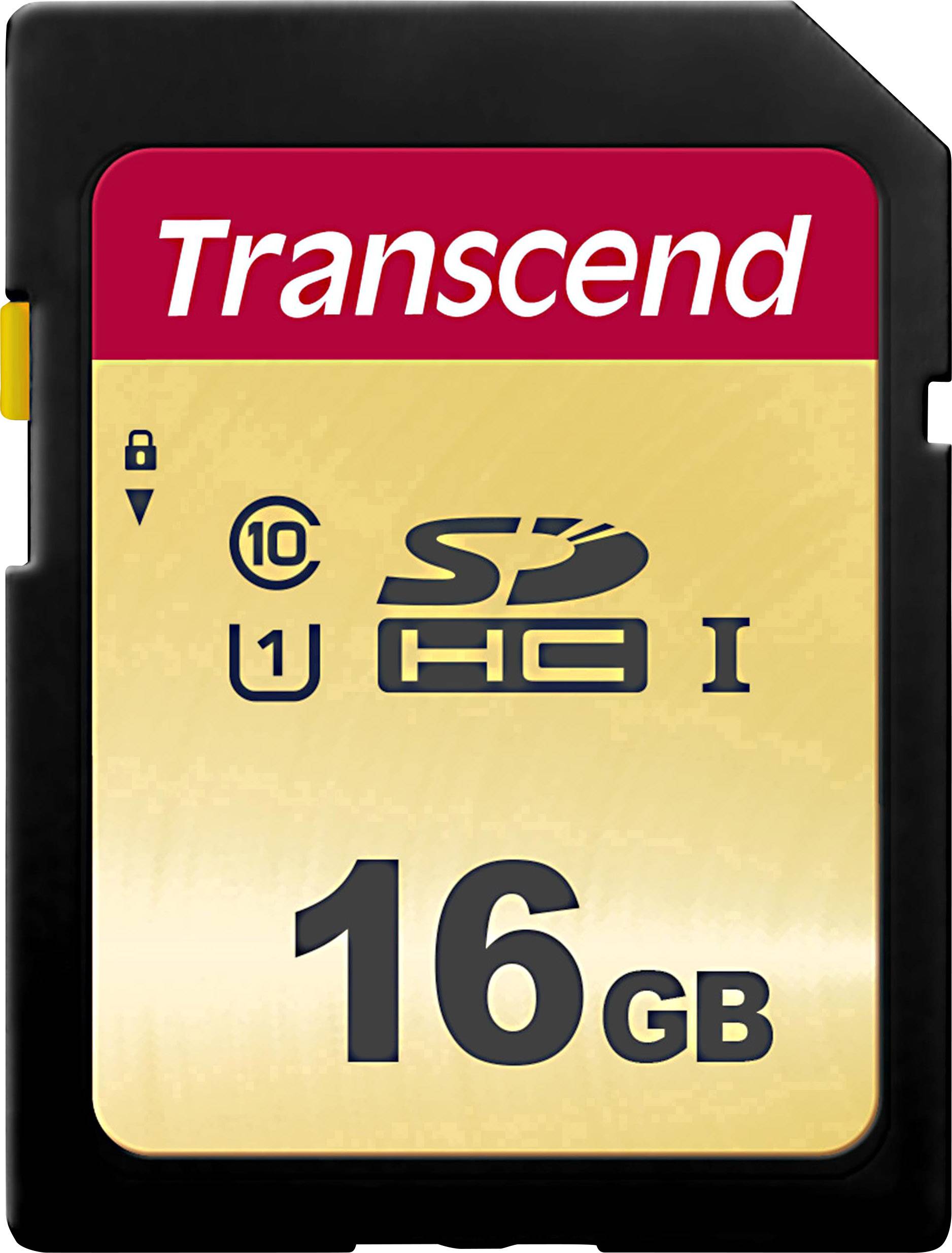 Scheda SD Transcend da 16 GB con capacità di memoria e simboli di velocità e tipo: C10, U1, SDHC.