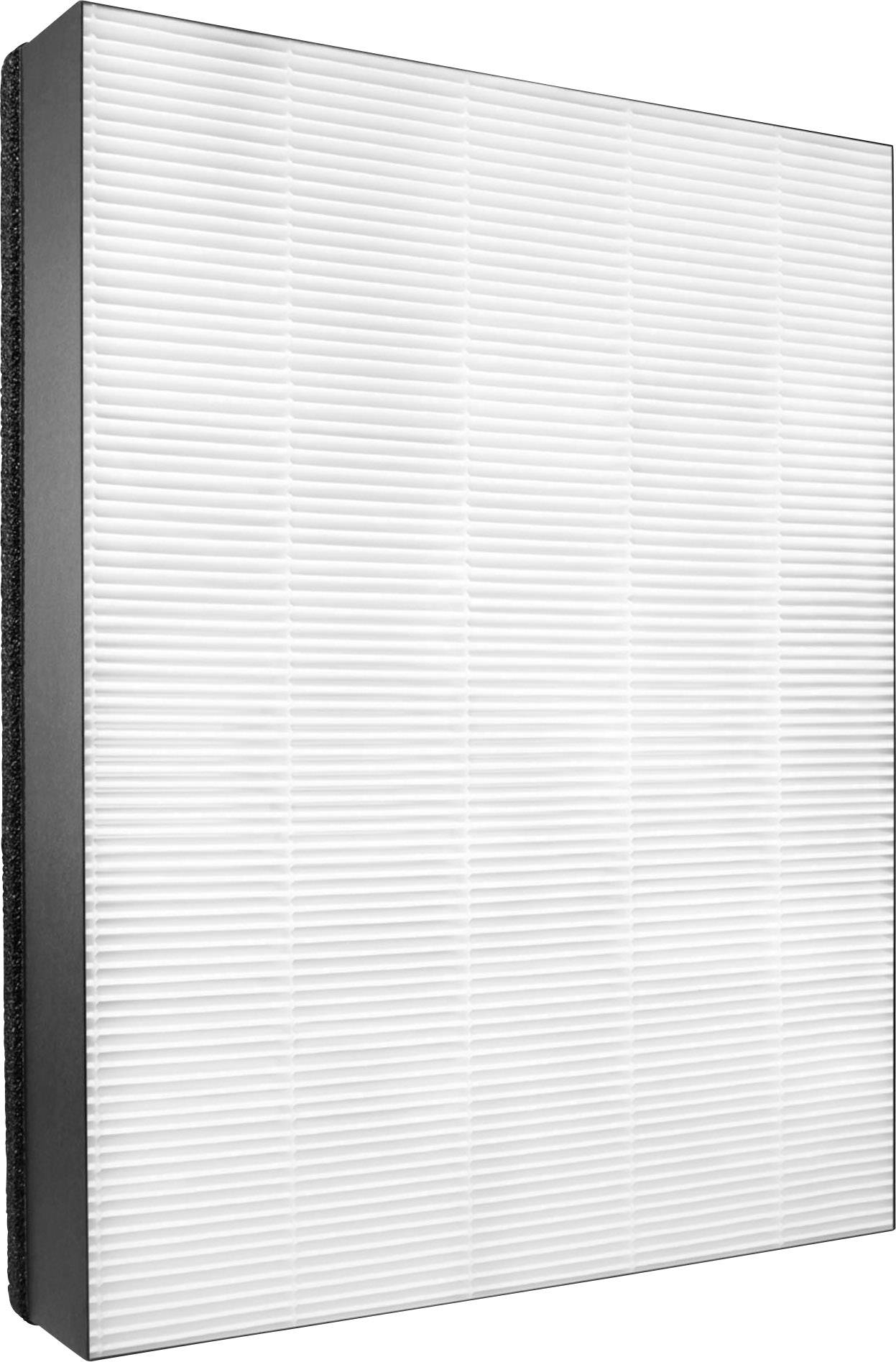 Un filtro dell'aria rettangolare bianco con sottili linee orizzontali. Serve a purificare l'aria, tipicamente utilizzato nei sistemi di condizionamento.