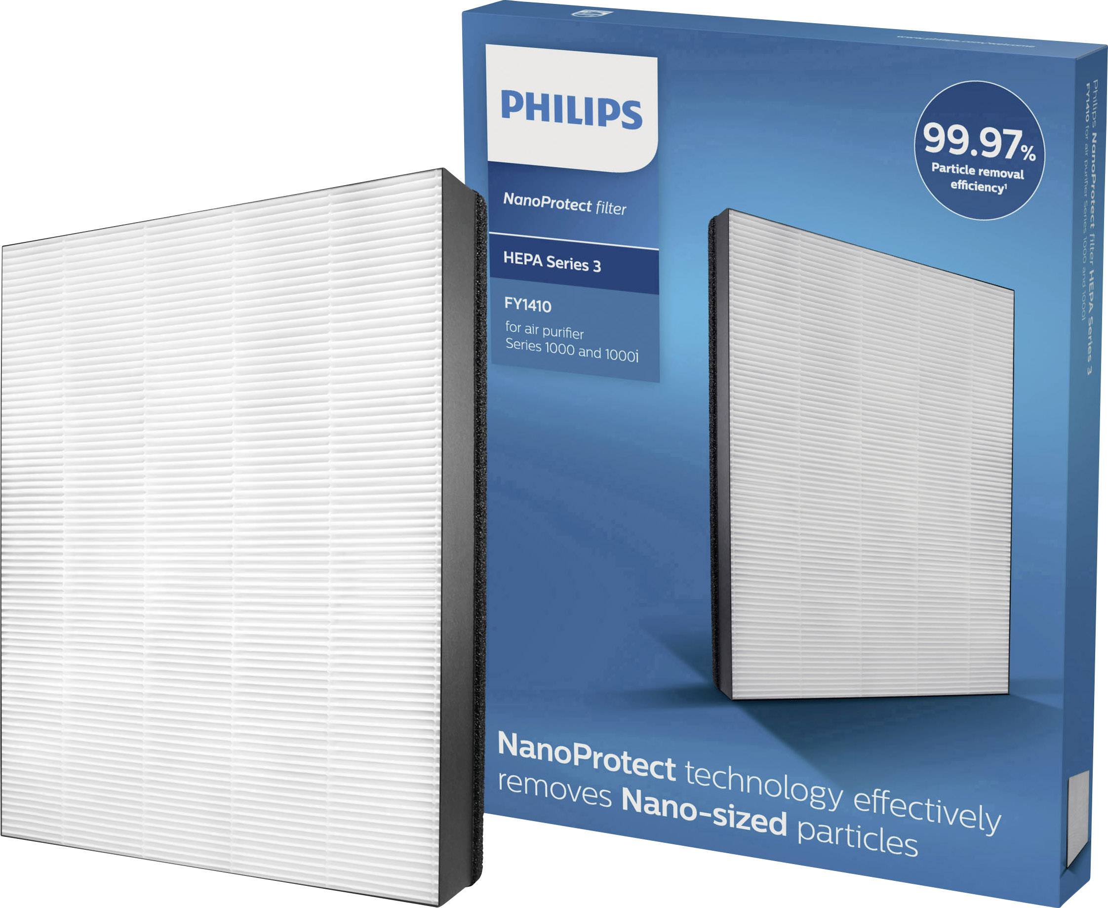 Filtri purificatori d'aria Philips, modello FY1410/30, con tecnologia NanoProtect, rimuove il 99,97% delle particelle presenti nell'aria.