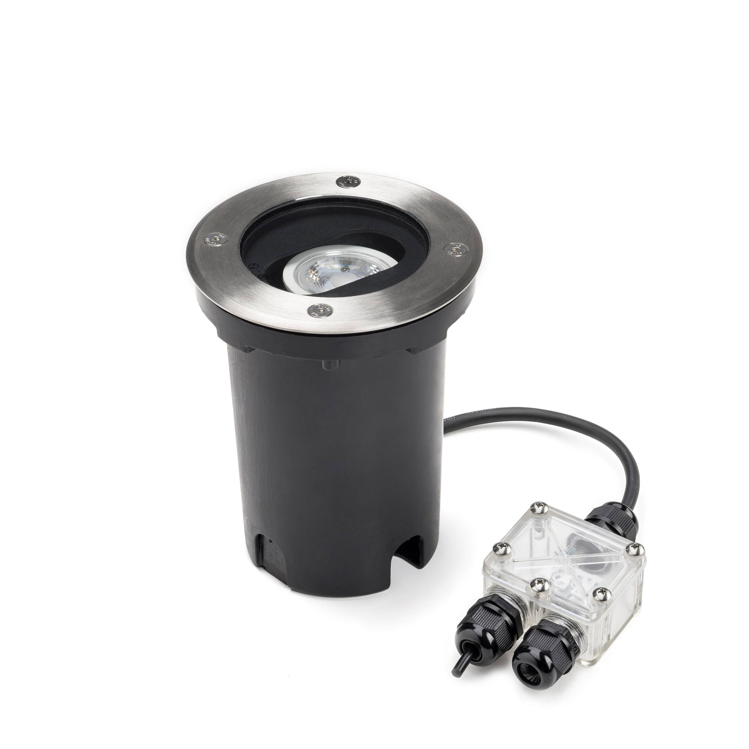 Lampada da terra con cornice in acciaio inox e involucro nero, adatta per illuminazione esterna. Cavo e scatola di connessione sono inclusi.