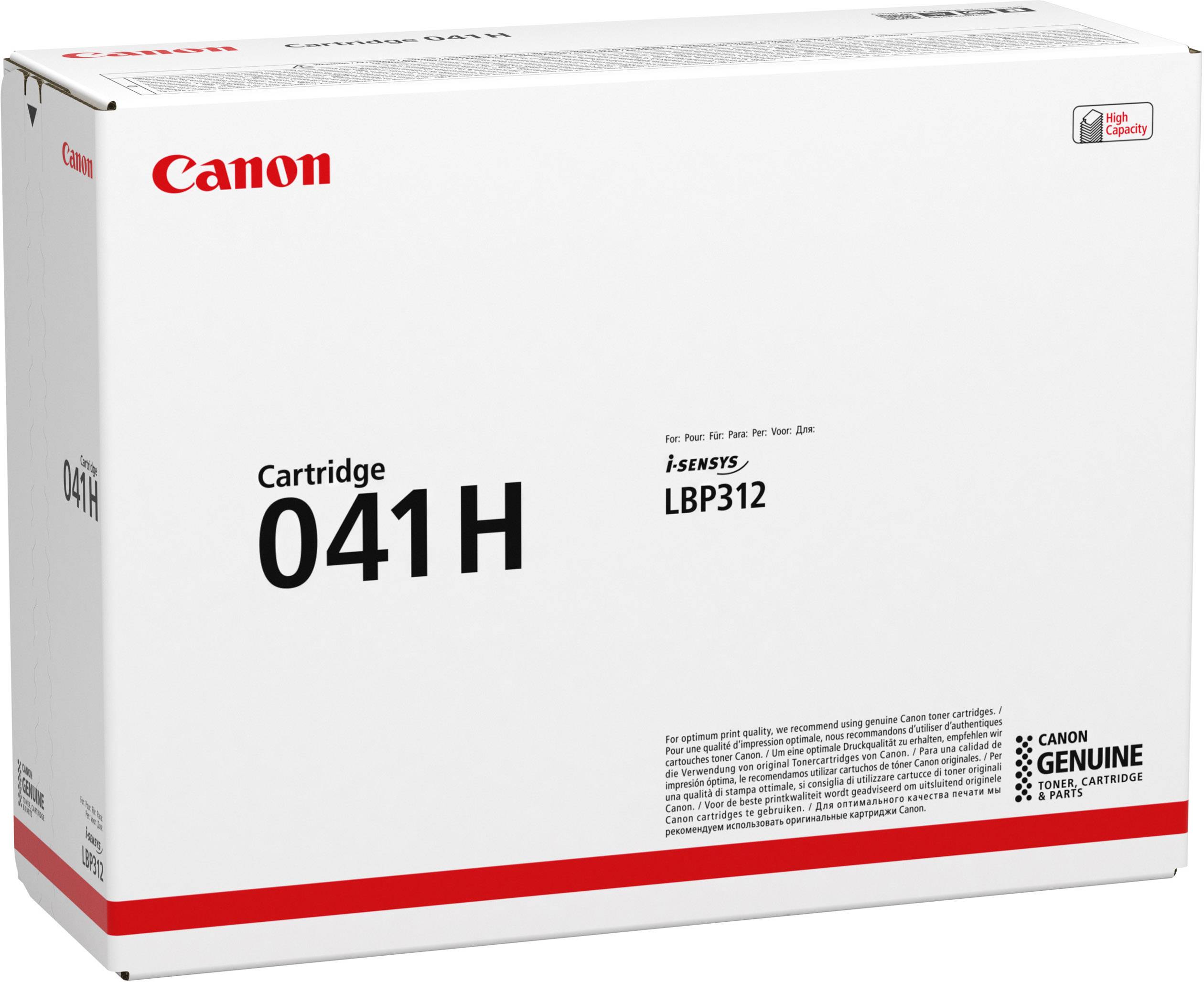 Cartuccia toner Canon 041H, alta capacità. Adatta per modelli i-Sensys LBP312. Confezione bianca con logo Canon rosso.