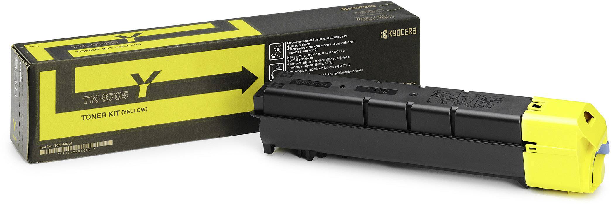 Cartuccia del toner gialla e confezione con la scritta 'KYOCERA'.