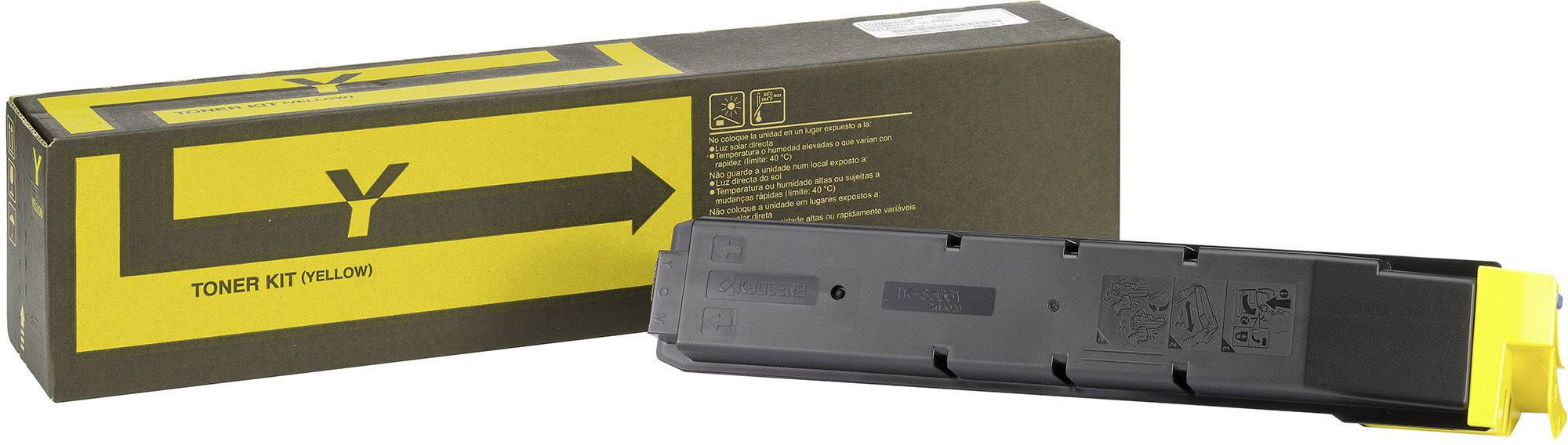 'Kit Toner Giallo', una cartuccia rettangolare e la relativa confezione con una freccia gialla e la scritta 'Toner Kit Giallo'.