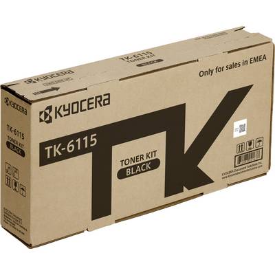 Un imballaggio marrone di Kyocera con la scritta 'TK-6115 Toner Kit Black', destinato esclusivamente alla vendita in EMEA.
