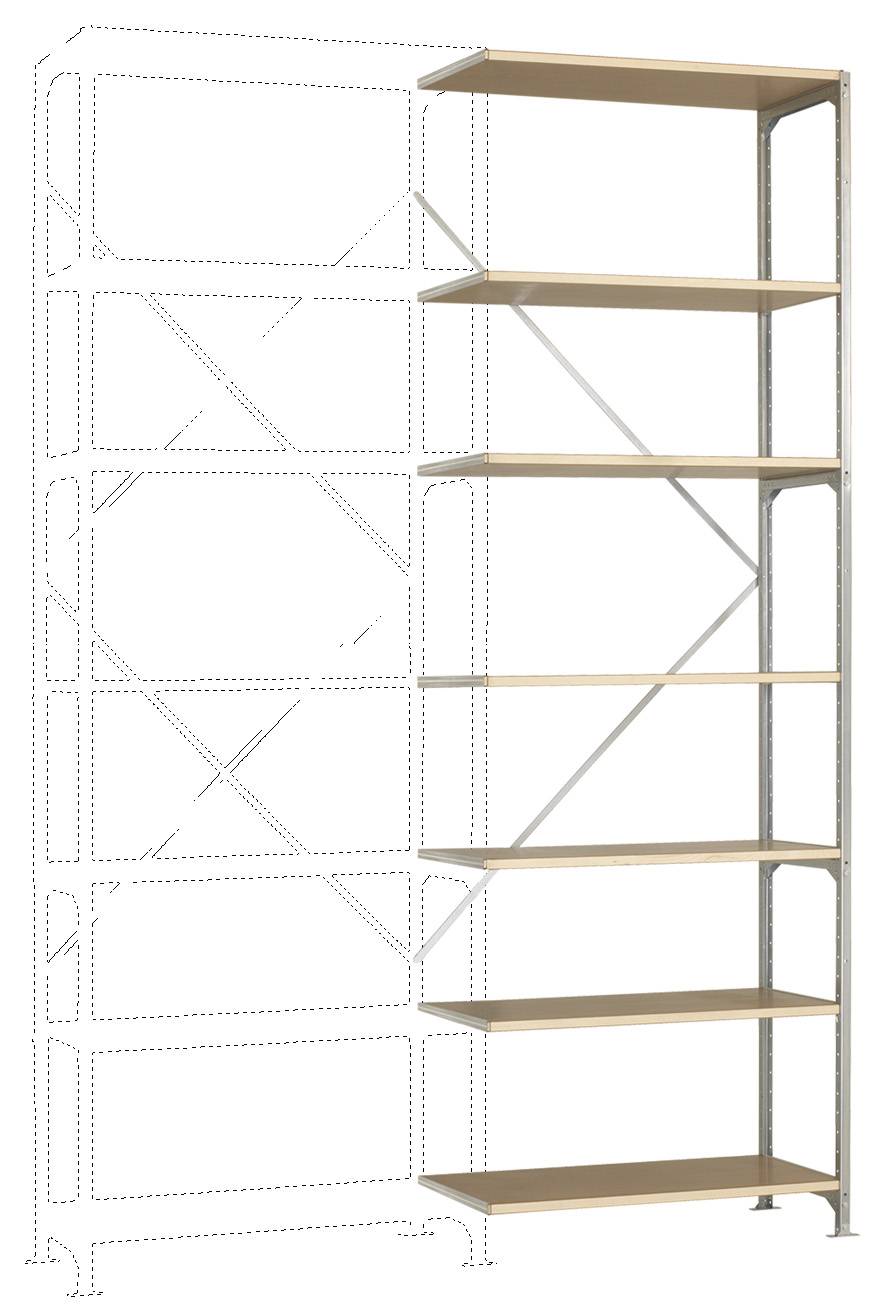 Un alto scaffale metallico con sei ripiani in legno, ai quali possono essere aggiunti ulteriori ripiani per l'espansione.