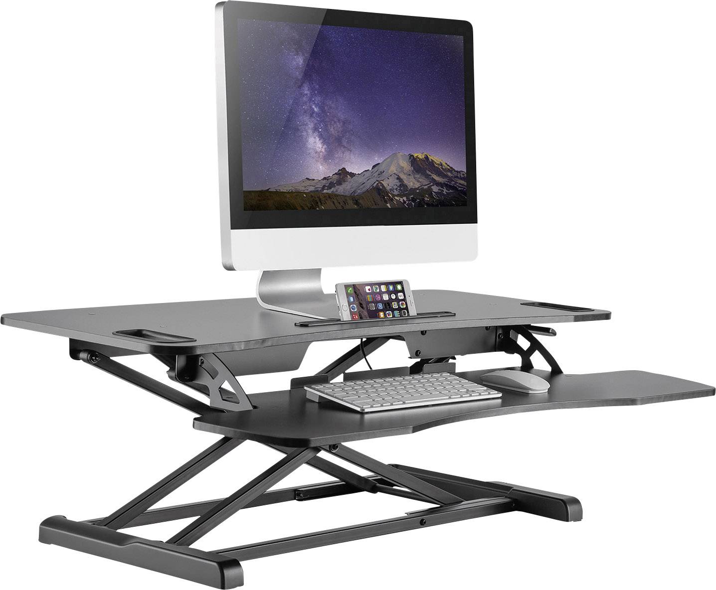 Supporto da scrivania regolabile con computer, tastiera e supporto per smartphone, che consente un lavoro ergonomico in piedi o seduti.