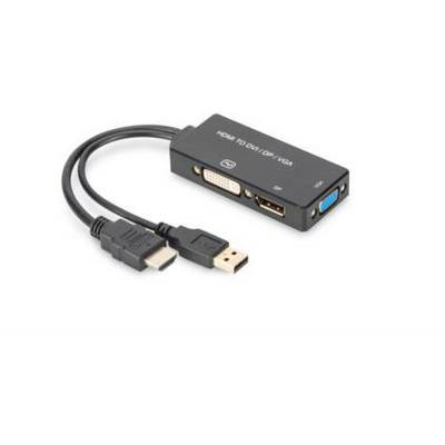 Un adattatore con porte HDMI, DVI, DisplayPort e VGA, idoneo per collegare diversi dispositivi di output video.