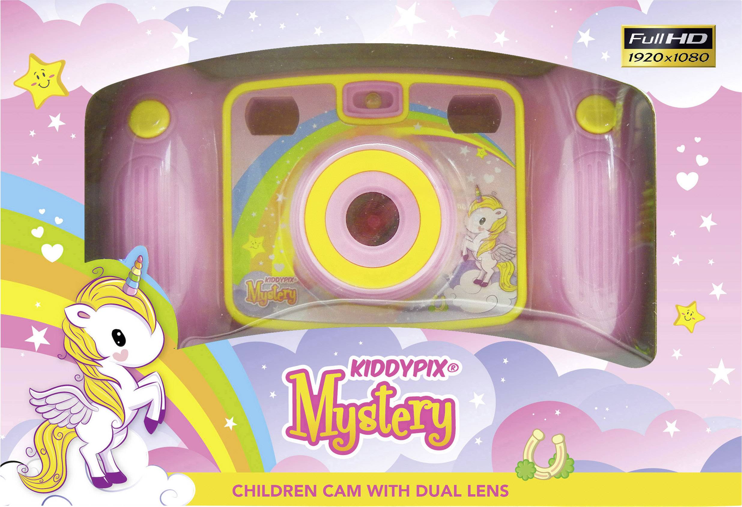 Una fotocamera per bambini con due obiettivi, circondata da un design a unicorno colorato. Testo sulla confezione: 'KIDDYPIX Mystery', 'Full HD 1920x1080'.