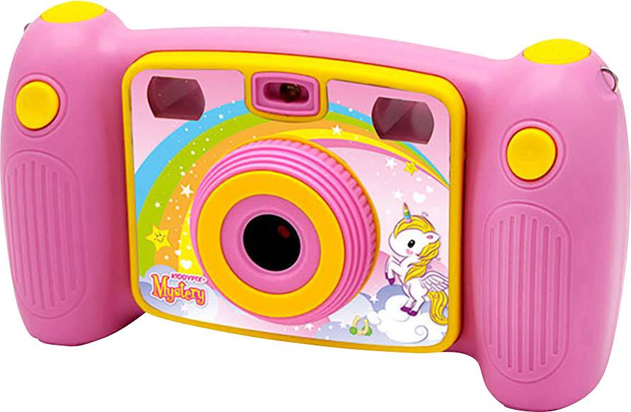 Una macchina fotografica rosa per bambini con motivi arcobaleno e unicorno colorati. Ha grandi impugnature sui lati, adatte a mani piccole.