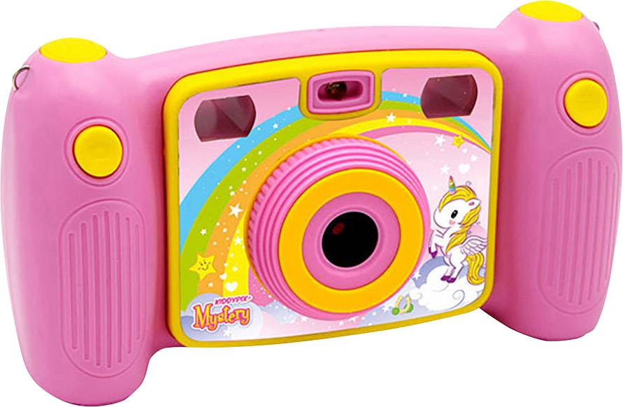Fotocamera rosa per bambini con design di un unicorno colorato sul lato anteriore. Due impugnature e tasti per un utilizzo semplice da parte dei bambini.