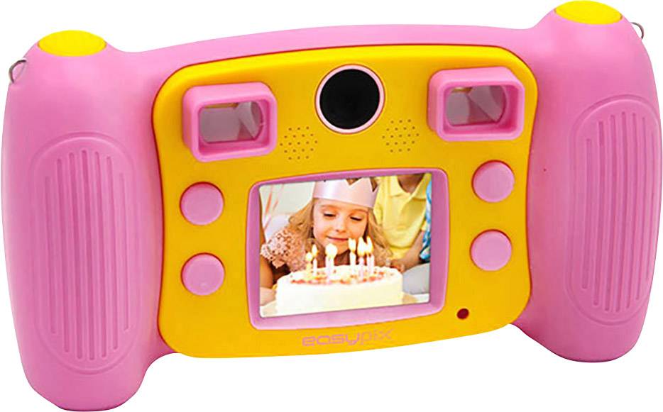 Fotocamera digitale per bambini, rosa e gialla, che mostra sullo schermo un bambino che spegne le candeline su una torta di compleanno.