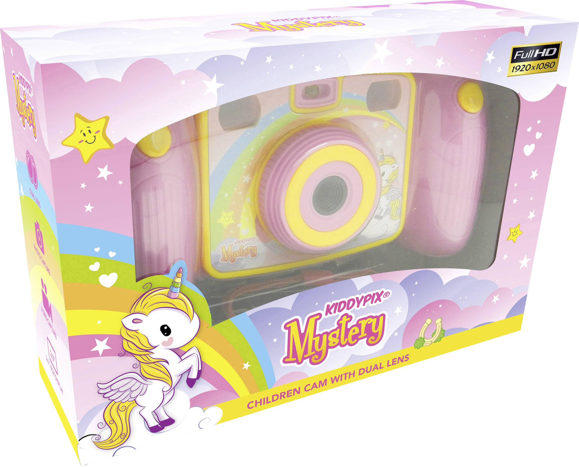 Confezione di una fotocamera per bambini con motivo a unicorno e scritta 'KiddyPix Mystery'. La fotocamera ha un design colorato e giocoso.