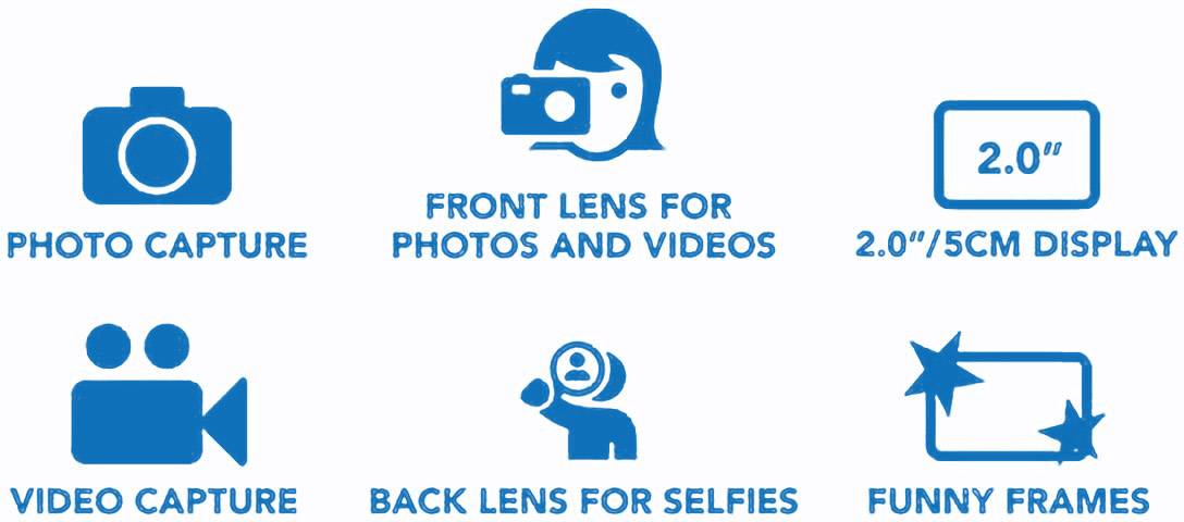 'Cattura Foto: Obiettivo Frontale per Foto e Video, Display da 2,0"/5cm, Registrazione Video, Obiettivo Posteriore per Selfie, Cornici Divertenti.' Simboli per le Funzioni della Fotocamera.
