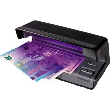 Un dispositivo di verifica banconote esamina una banconota da 20 euro sotto luce ultravioletta per confermare l'autenticità.