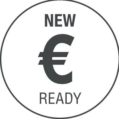 'NUOVO EUR PRONTO' in un cerchio. Simboleggia l'introduzione o la disponibilità di nuovi prodotti o servizi in euro.
