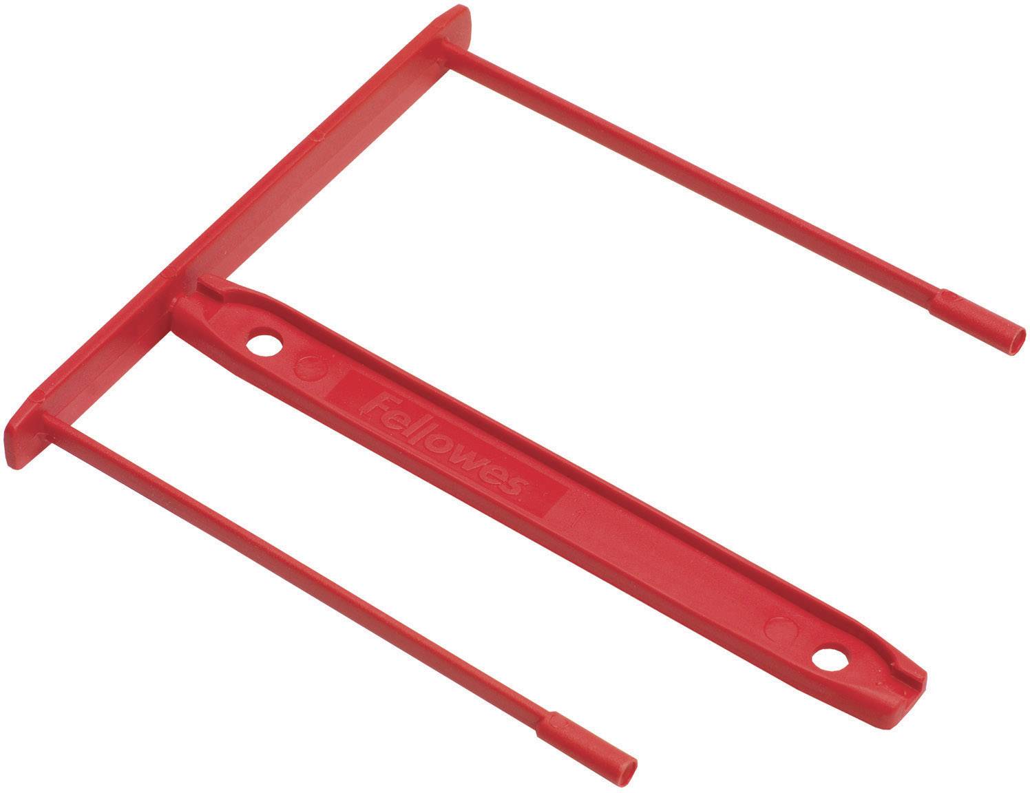 Binario sospeso rosso in plastica con due aste lunghe e un breve scostamento trasversale, utilizzato per cartelle sospese in ufficio.