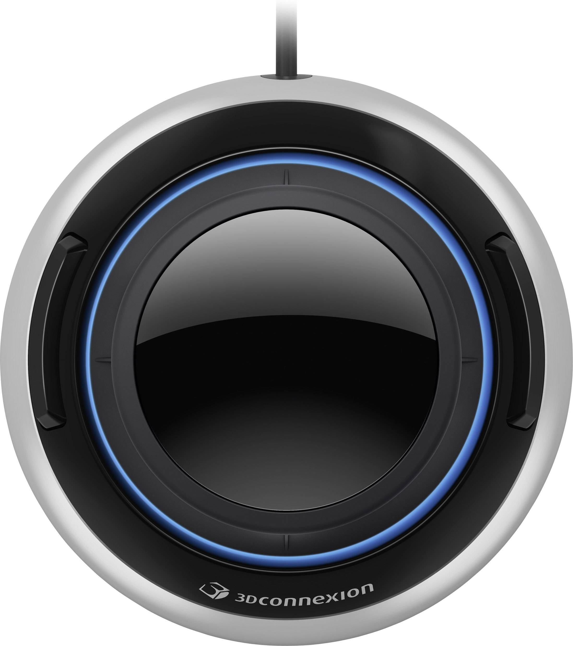 Un dispositivo di input rotondo nero e argento con un pulsante centrale di rotazione e illuminazione LED blu. Adatto per modellazione 3D.