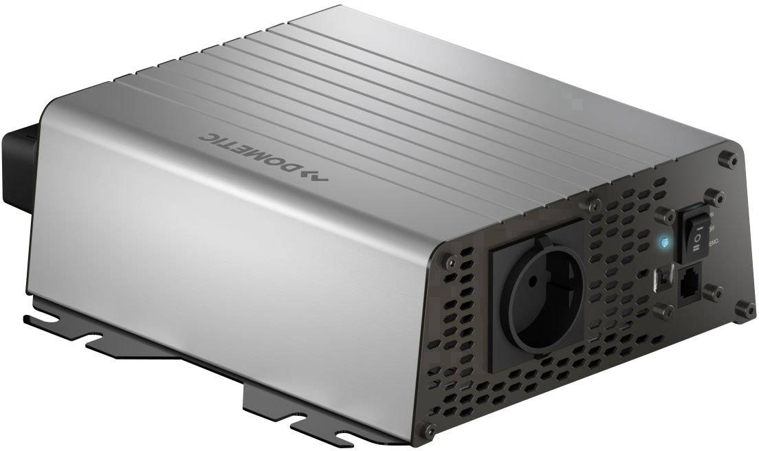 Inverter argentato con presa nera e interruttore di rete sul lato, adatto per dispositivi elettrici all'interno di veicoli.
