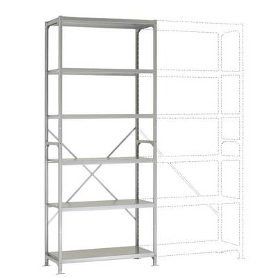 Un mobile metallico grigio alto, con diversi ripiani. A destra è visibile un disegno tratteggiato di un componente aggiuntivo.
