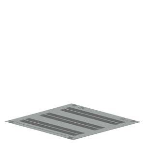 Una griglia di ventilazione quadrata in metallo, color argento, con diversi fori paralleli per la ventilazione.