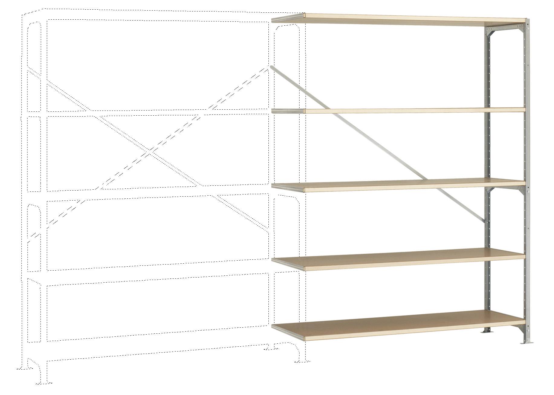 Scaffale con cinque ripiani in legno visibili su una struttura in metallo. A sinistra sono visibili i contorni tratteggiati di un'ulteriore sezione dello scaffale.