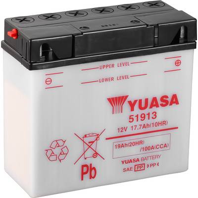 Batterie con marchio 'YUASA', modello 51913, 12V, 19Ah. Marcature per 'Livello Superiore' e 'Livello Inferiore'. Adatta per motocicletta.