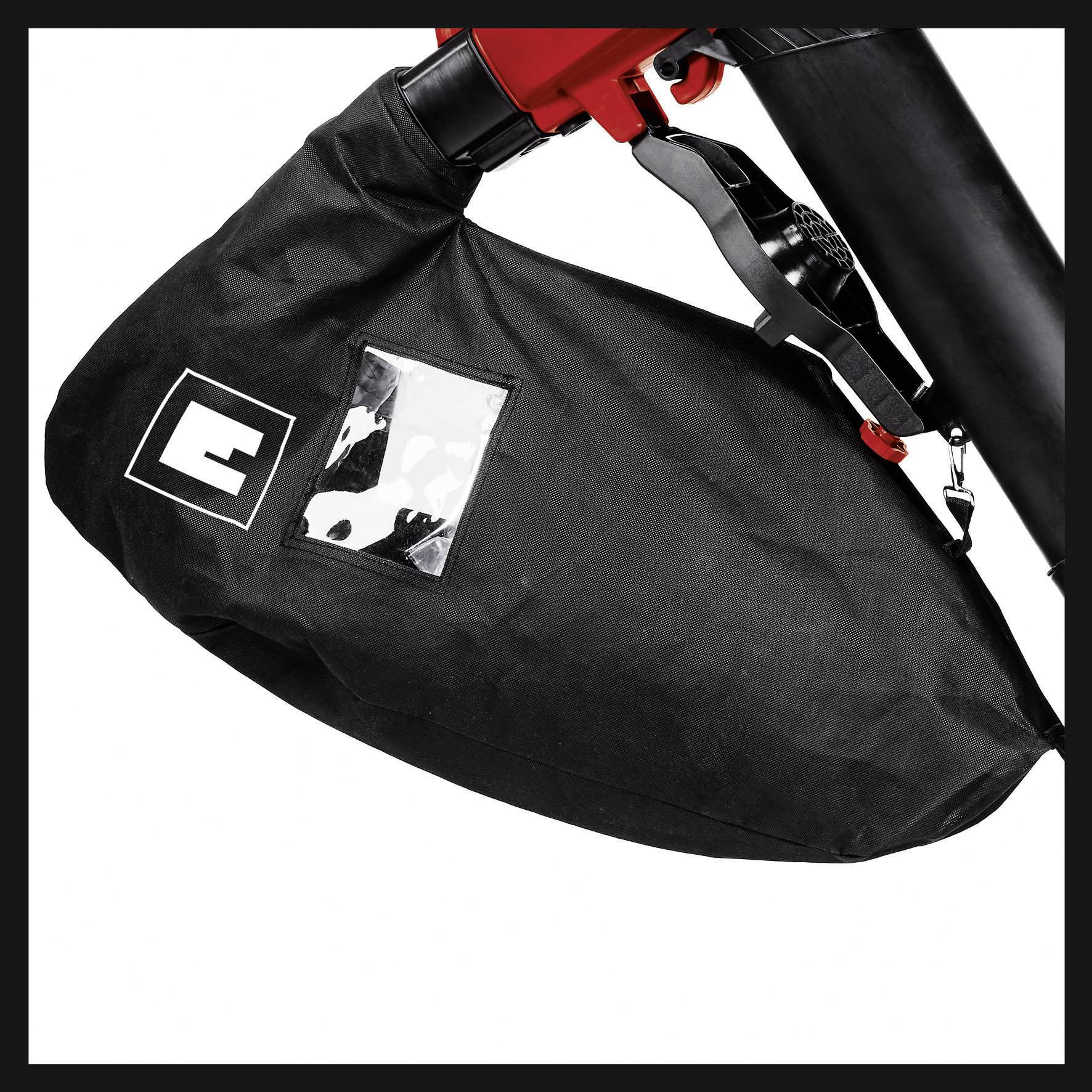 Borsa per bicicletta nera realizzata in materiale robusto, fissata al telaio. Una borsa trasparente contiene un motivo bianco e nero.