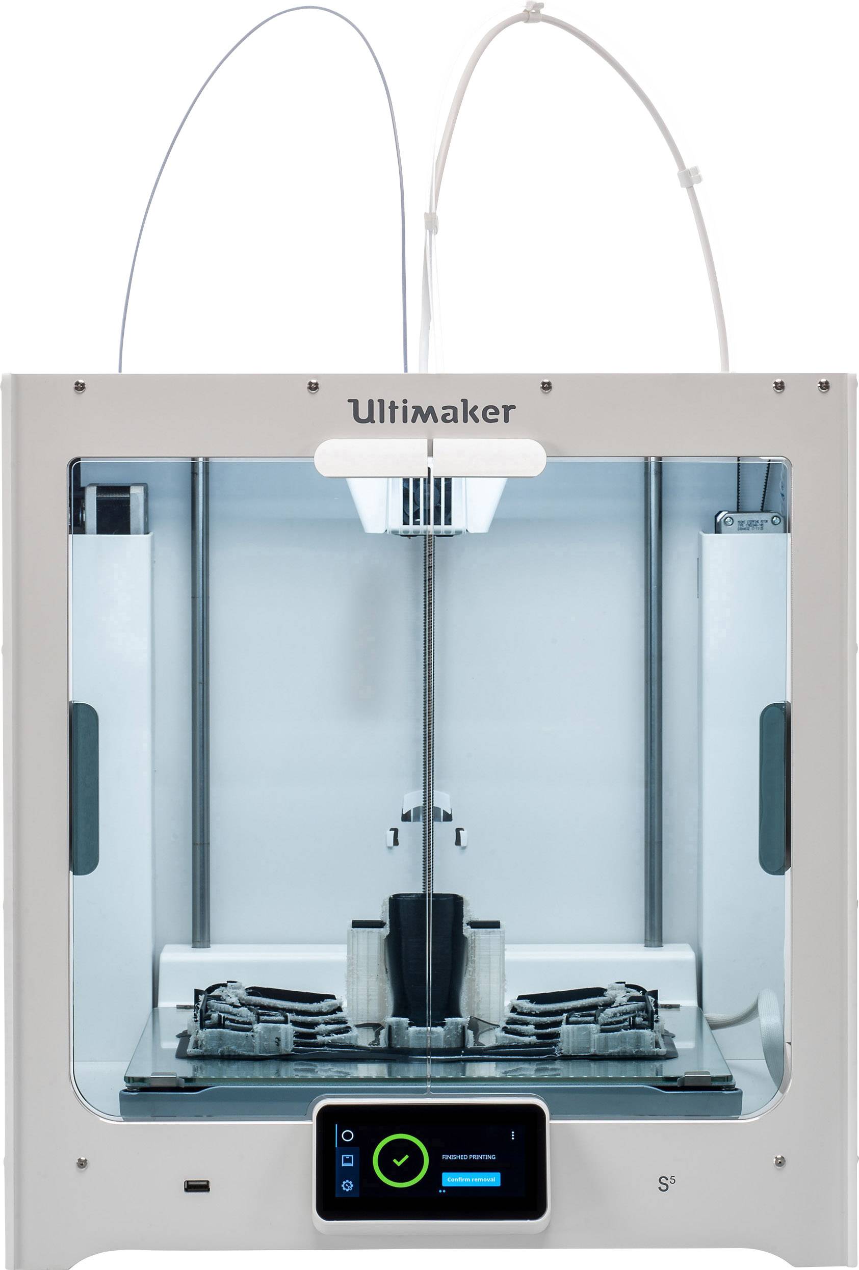 Stampante 3D Ultimaker in vista frontale. Mostra uno spazio di stampa aperto e moderno con un display digitale in basso per il controllo e l'indicazione dello stato.