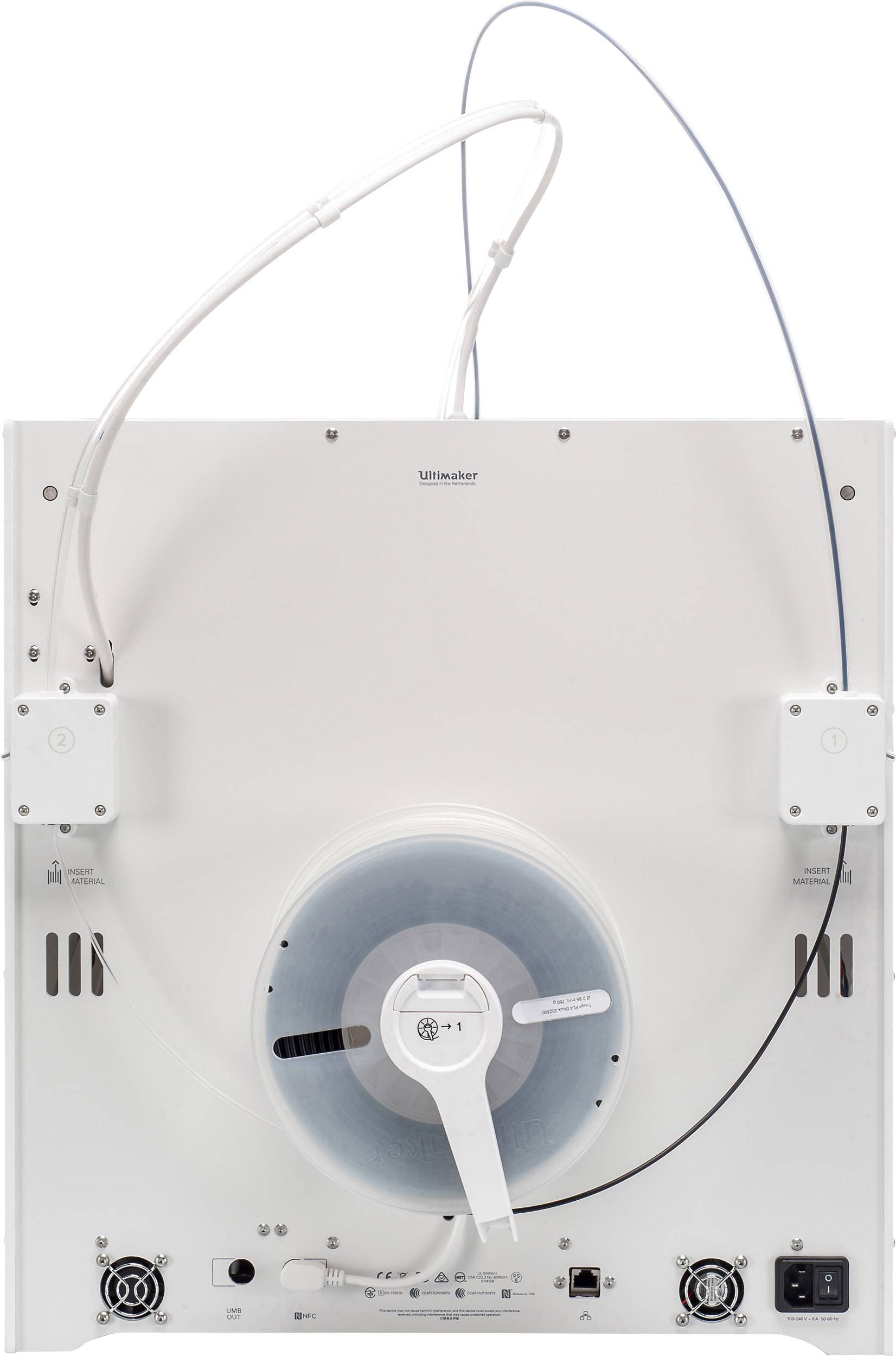 Retro di un dispositivo scientifico con cavi e connettori; ruota centrale utilizzabile e nome del marchio visibili in alto.