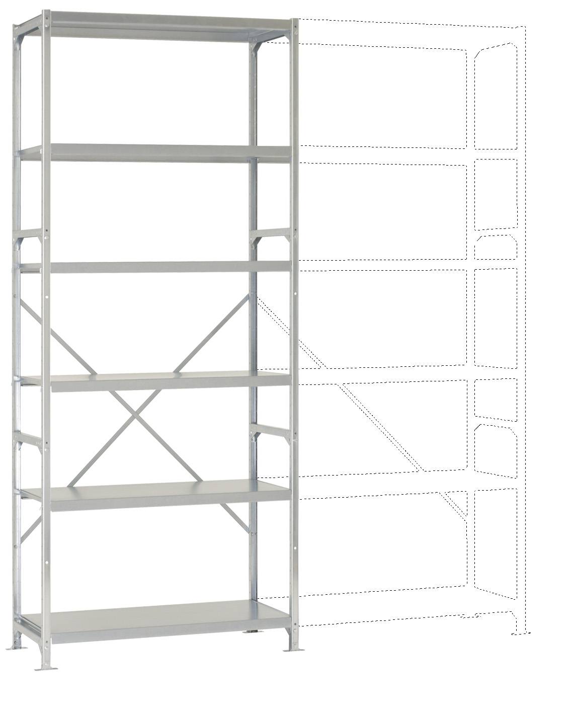 Uno scaffale metallico grigio con cinque ripiani è posizionato a sinistra; a destra, accanto ad esso, è visibile uno schizzo tratteggiato della parte di estensione.
