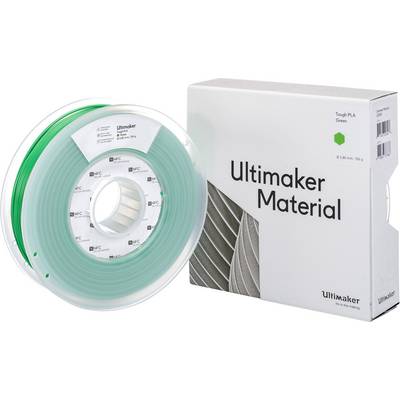 Bobina di filamento verde con scatola di imballaggio. Testo sulla scatola: 'Ultimaker Material Tough PLA Green'. Adatto per stampanti 3D.