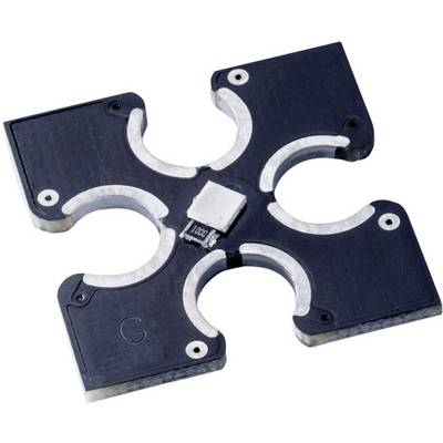 Piastra metallica quadrata, nera, con un chip quadrato bianco inserito al centro. La piastra ha tagli rotondi agli angoli.