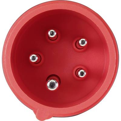 Un connettore rotondo rosso con cinque piedini metallici, probabilmente adatto per connessioni elettriche o elettroniche.