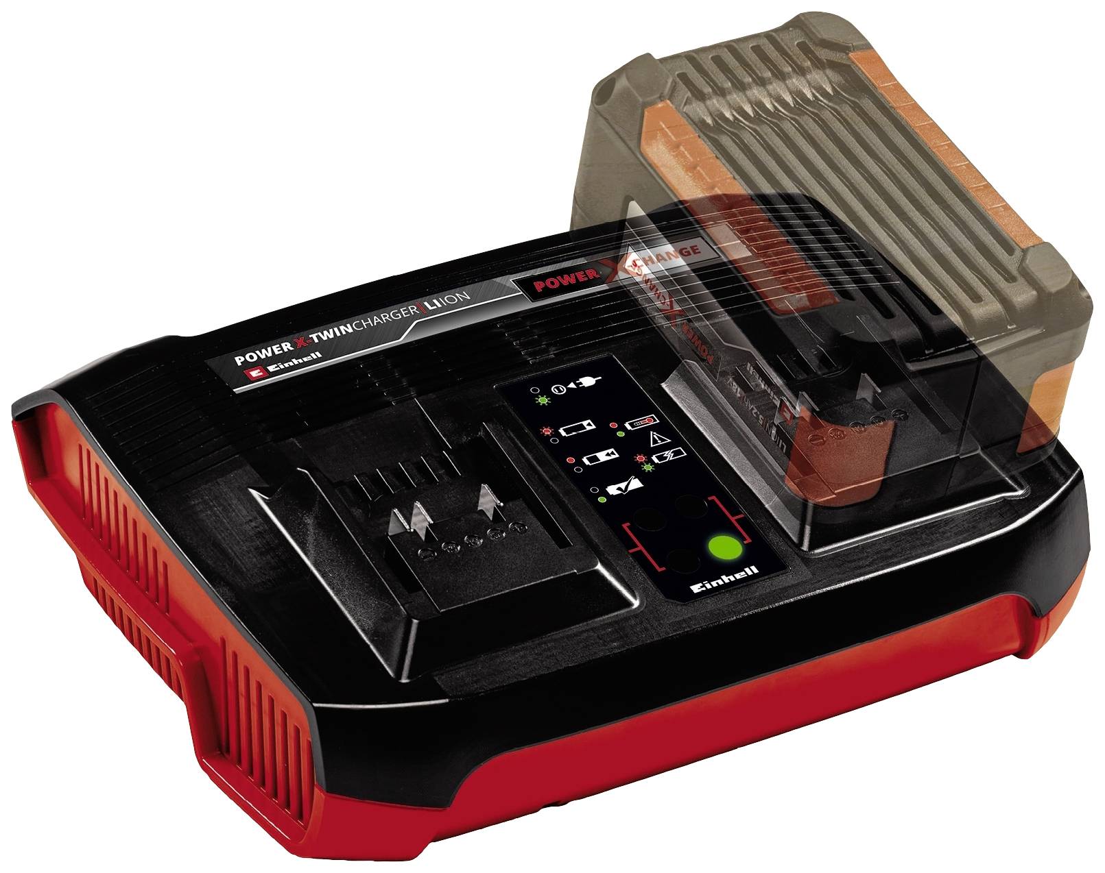 Un caricabatterie doppio con batteria montata. Ha due slot e indicatori LED per lo stato di carica. Il nome del marchio 'Einhell' è visibile.