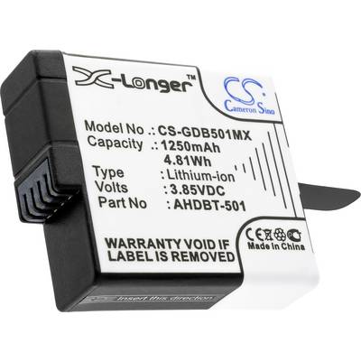 Etichetta batteria con scritto: 'Modello N.: CS-GDB501MX, Capacità: 1250mAh, 4,81Wh, Tipo: Ioni di litio, Volt: 3,85VDC, Prodotto in Cina'.