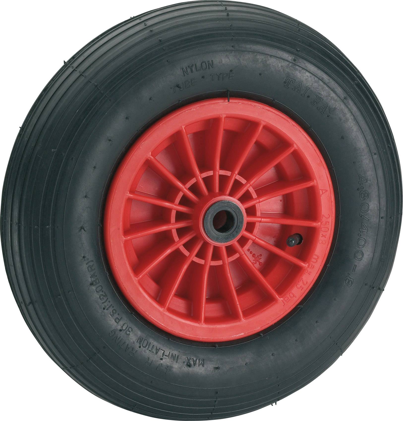 Ruota nera con cerchione rosso, design tipico per carriole o carretti a mano.