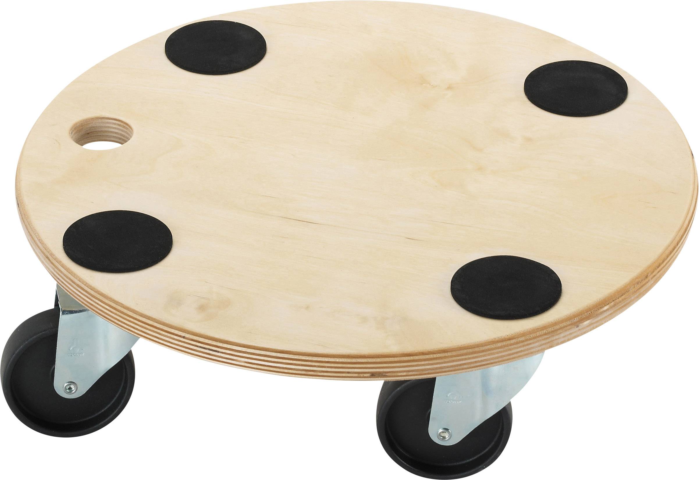 Piatto rotondo in legno con quattro supporti in gomma nera e due ruote stabili. Idoneo per il trasporto agevole di oggetti.