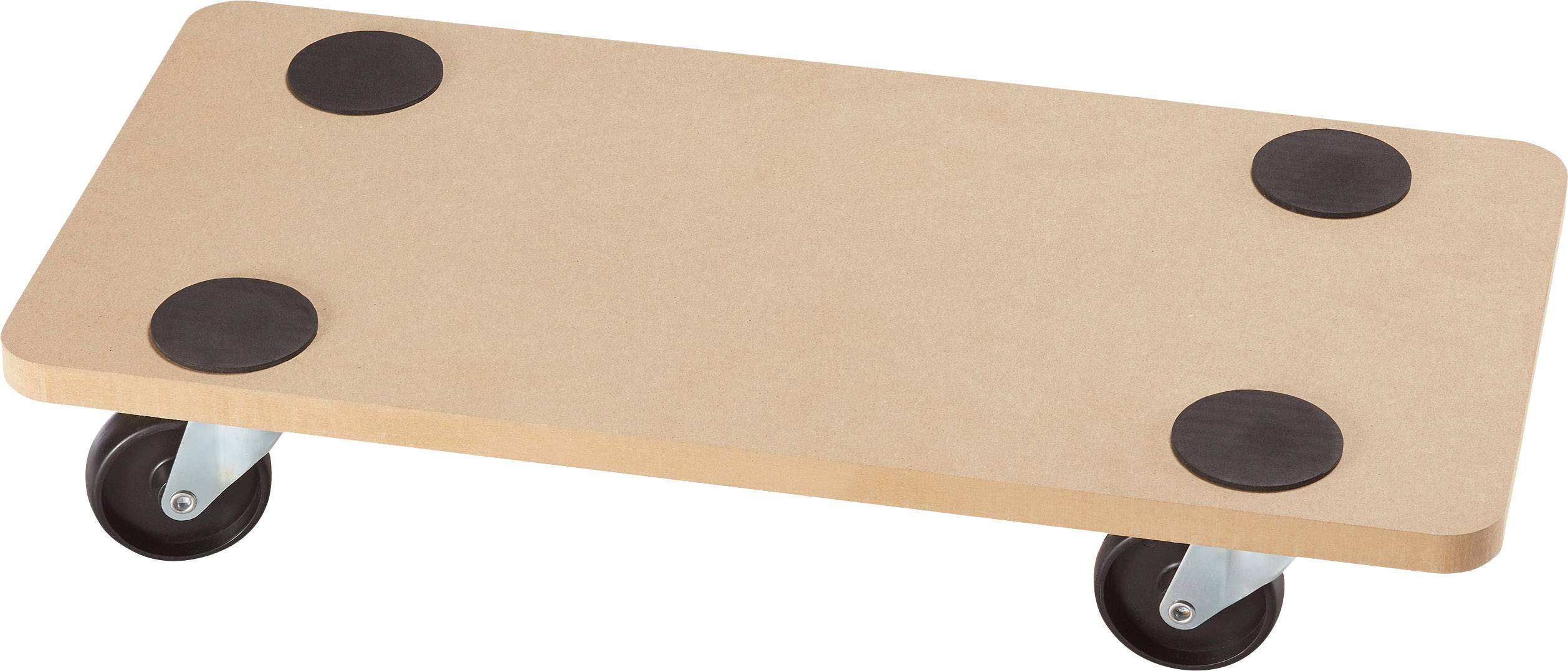 Un carrello trasportatore rettangolare con piano in legno e superfici in gomma nera agli angoli, montato su ruote, idoneo per il trasporto di mobili.