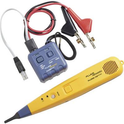 Un set di dispositivo di test con dispositivo di test giallo e adattatore blu per cavi di rete, dotato di morsetti a coccodrillo e connettore RJ-11.