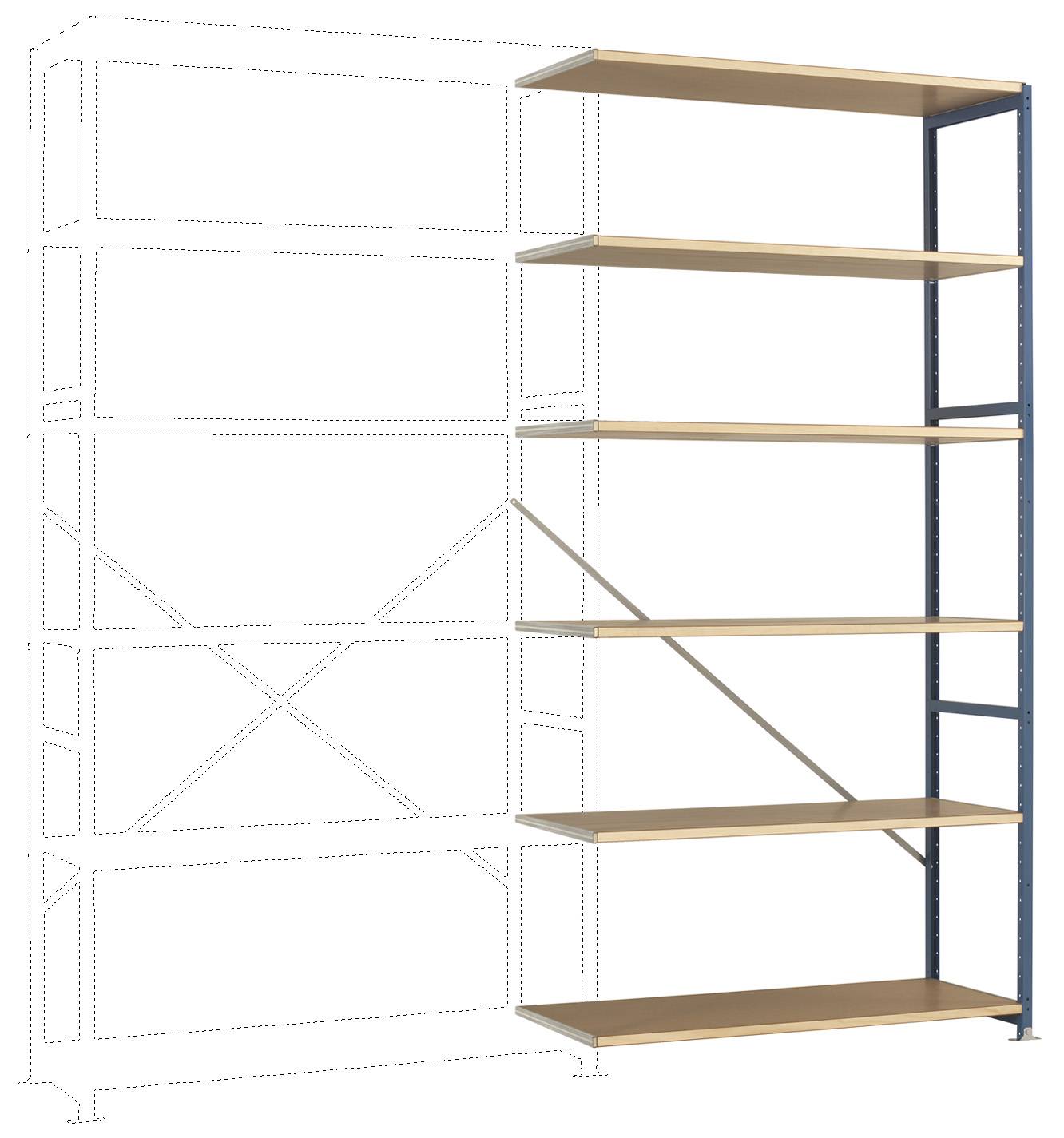 Scaffale in metallo con cinque ripiani in legno, fissato al supporto sul lato destro, ampliabile sul lato sinistro. Ideale per lo stoccaggio in officine o garage.
